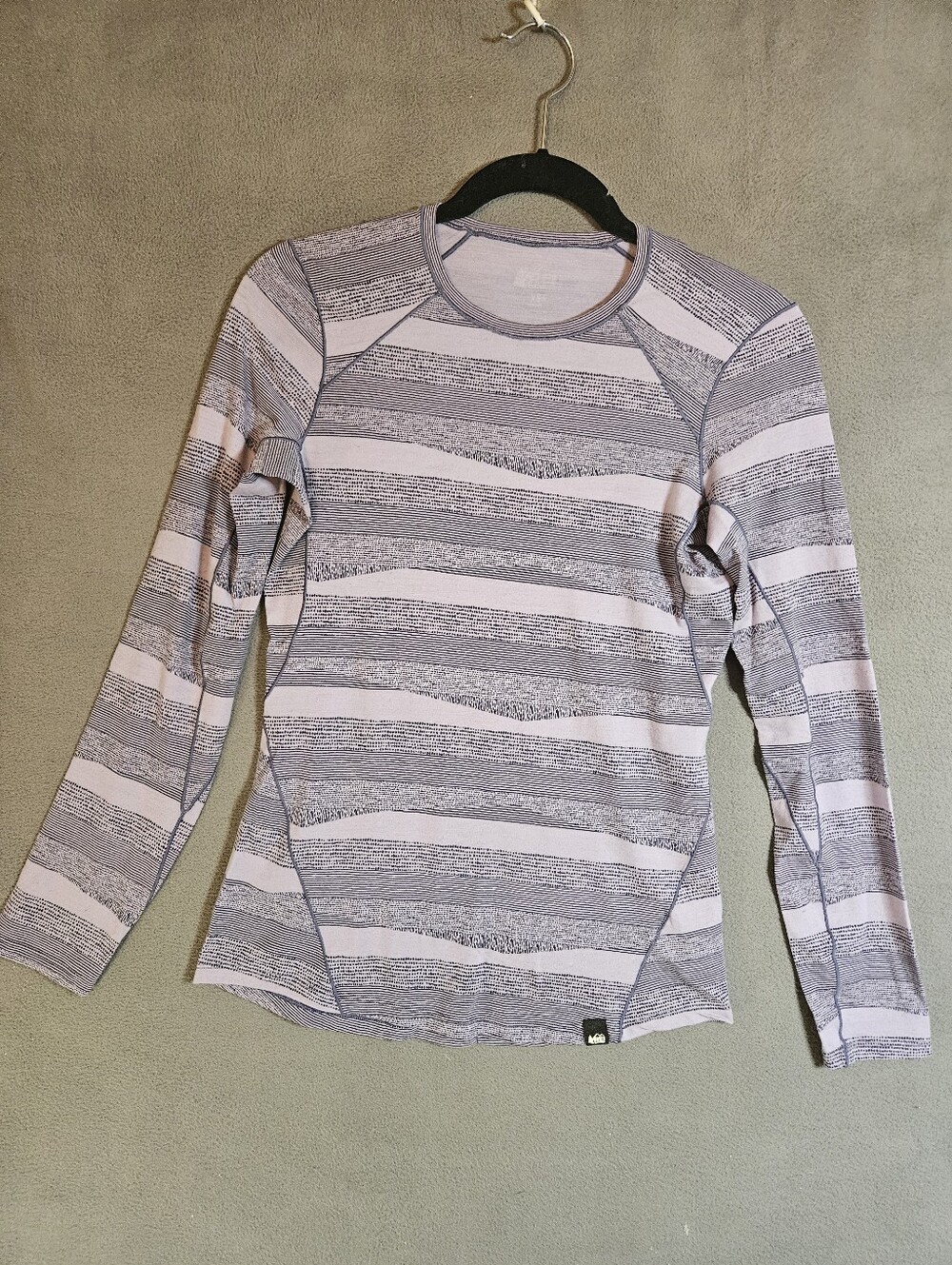 REI 100% Merino Wool Shirt Women XS Purple Stripe Long Sleeve Base Layer Top Tee